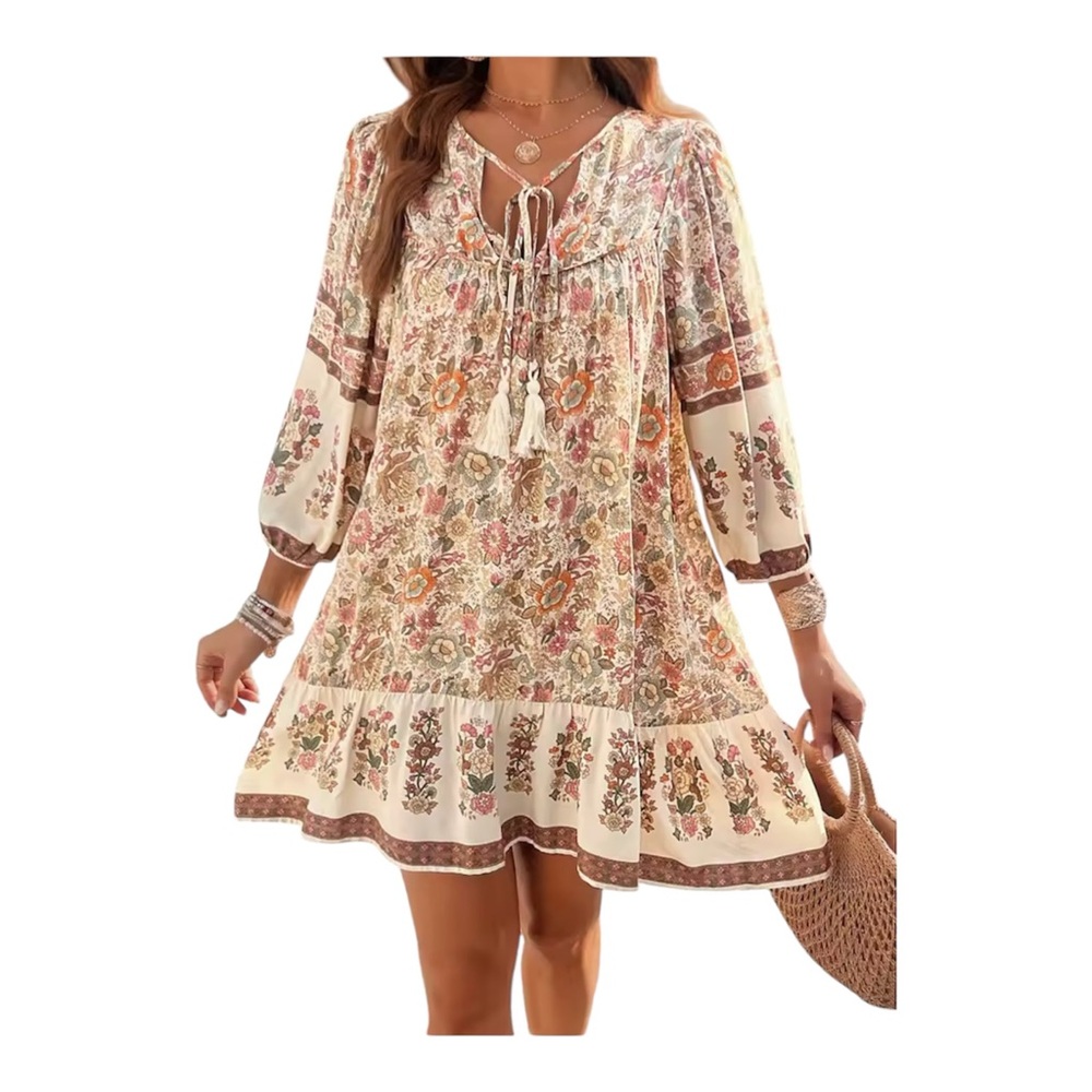 Boho Floral Peasant Dress Size-Large V- Neck With Tassel 100% Viscose